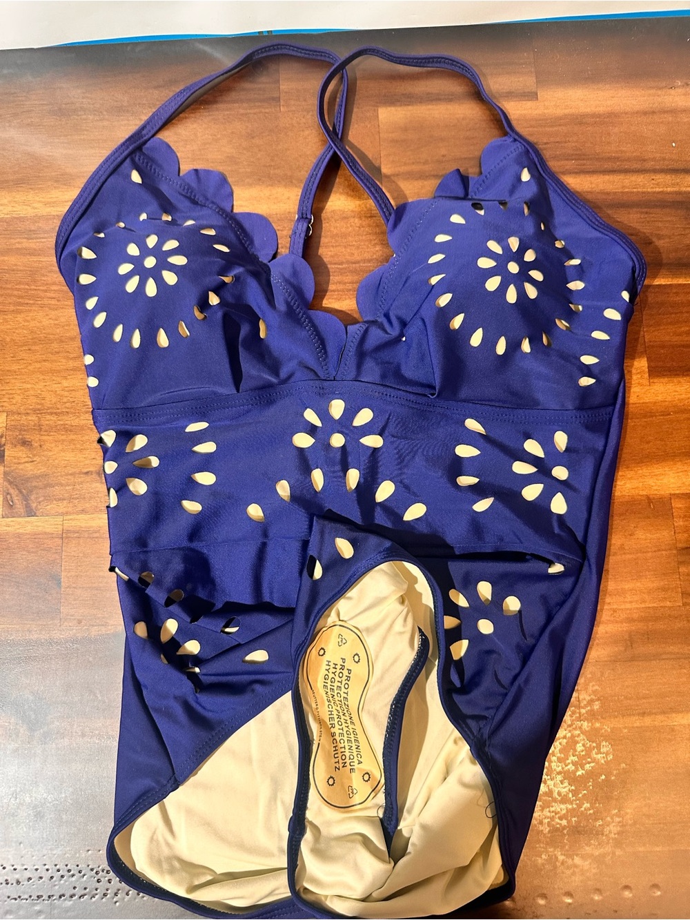 Navy Blue Laser-Cut Maxi Swim Dress with Spaghetti Straps - Picture 14 of 15